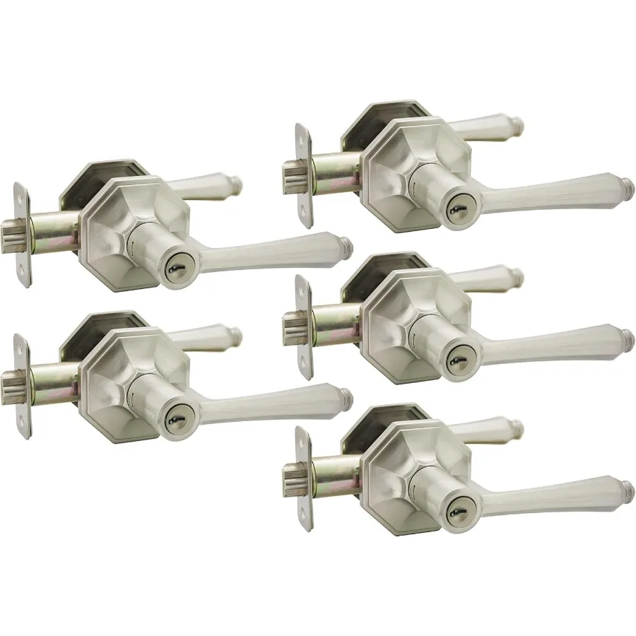 وندسور تصميم رافعة باب دخول بمفتاح من النيكل الساتان للأبواب الأمامية والخلفية 5 عبوات مع مفتاح فريد لكل قفل كل قفل محفظة Di