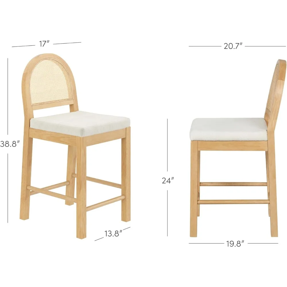 Sgabello da Bar imbottito in Rattan Bailey con struttura in finitura rovere, sgabello da bancone con schienale in Rattan naturale intrecciato