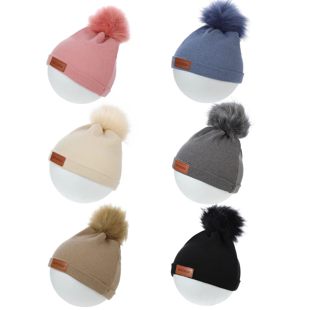 Pompom Faux Cashmere Baby Turban Hats Leather Stick Warm Winter Caps Newborn Boys Girls Beanies Bonnet Kids Headwraps Headwear