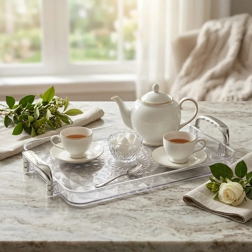 Clear Rectangular Plastic Serving Tray with Handles Stackable Decorative Tea Food Trays for Eating Table Plates Dishes Tableware