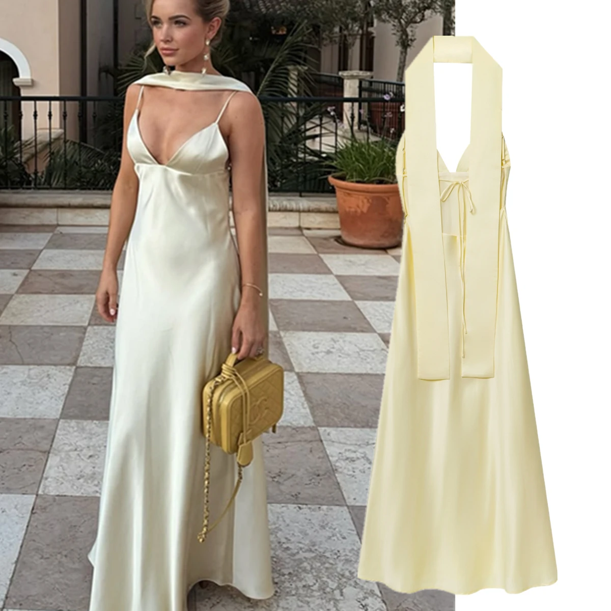 

Dave&Di Ins Fashion Blogger Satin Scarf Collar Halter Neck Party Dress Women Vestidos Minimalist Elegant Sexy Dresses