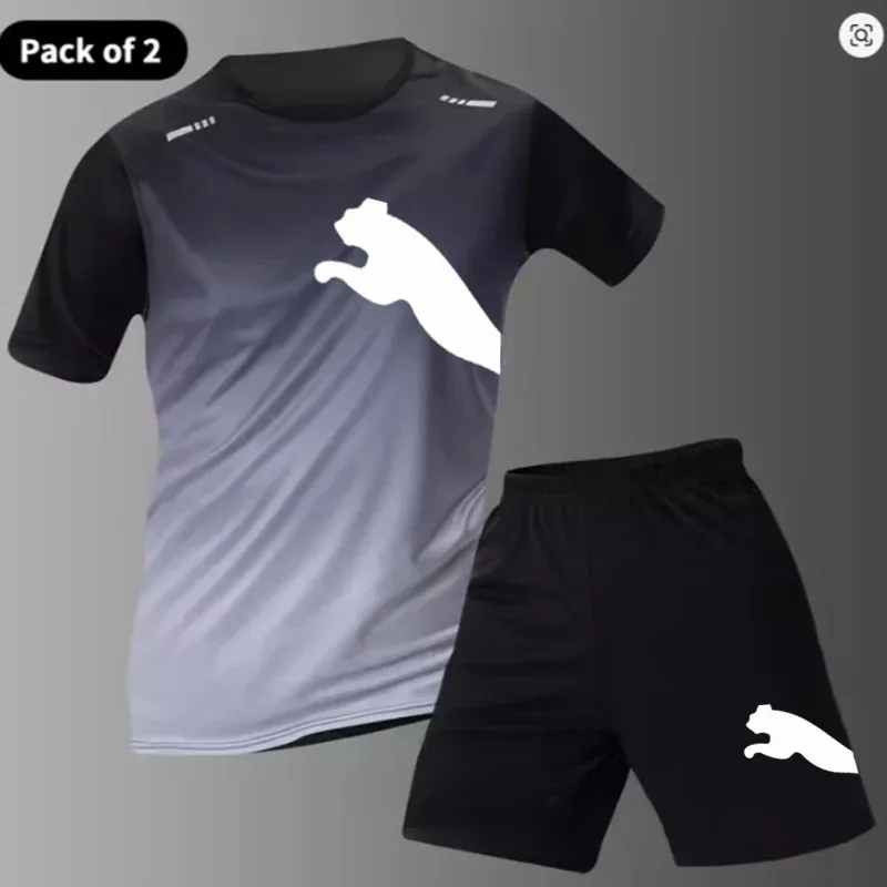 

2-Piece Men's Summer Quick drying Sports Suit Loose And Breathable Short Sleeved T-shirt Running And Fitness Black Pocket Shorts