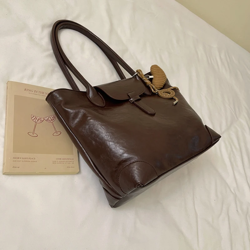 Retro Style Commuter Tote Bags For Women Vegan Leather Solid Color Large Capacity Shopper Shoulder Bag Quality Handbags Female