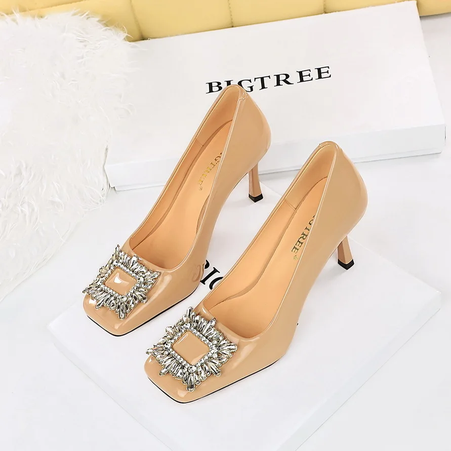 

Korean Version Banquet Women's Ultra-high Heels Shallow Leather Square Metal Rhinestone Buckle Single Women Pumps туфли женские