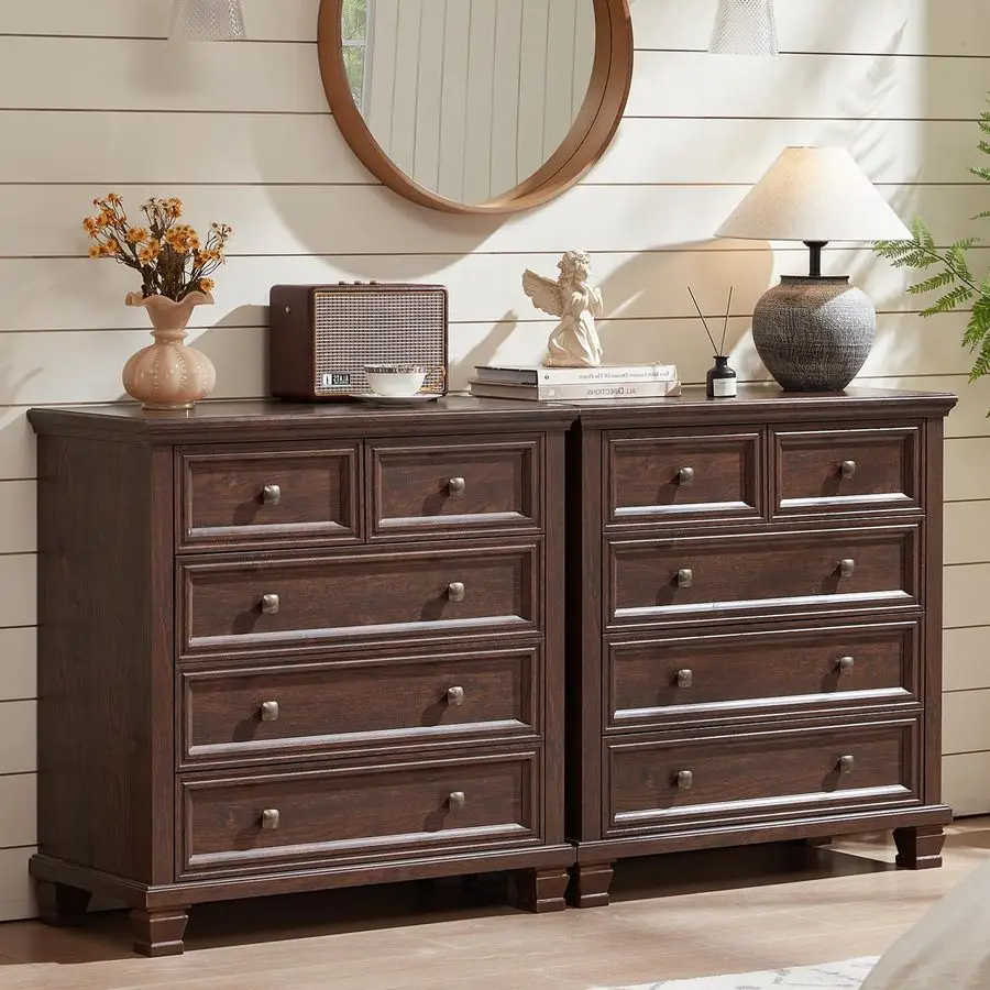 5 Drawer Dresser for Bedroom, 32.6 Inch Tall Vintage Chest of Drawers, MidCentury Small Dressers w Square Solid Wood Legs, Rust