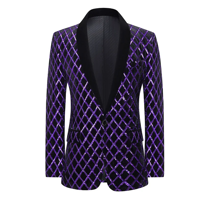 

Stage Glitter Blazers Performance Clothes Men's Sequin Plaid Stage Singers Presenters Velvet Suit Jacket Tailcoat Purple Tuxedo