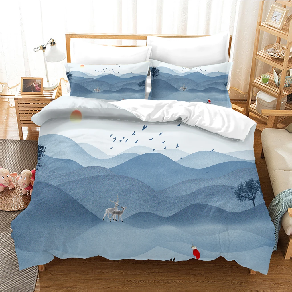 HUANZHUANG Bedding Set Duvet Cover Blue Mountains Landscape Soft Polyester Comforter Cover And Pillowcase Boy Bed Cover Set Quee