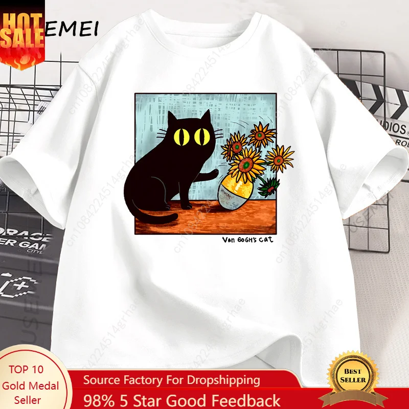 

Van Gogh Cat Graphic T Shirts Men Women Flower Black Cat T-shirt Round Neck Cotton Short Sleeve Trendy Tee Shirt Streetwear