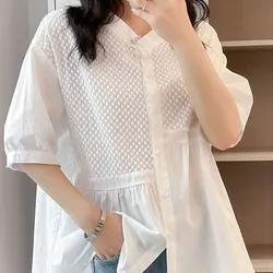 2023 Casual Sweet Solid Color Blouse Female Single-breasted Korean Loose Patchwork O-Neck Summer Half Sleeve Asymmetrical Shirt