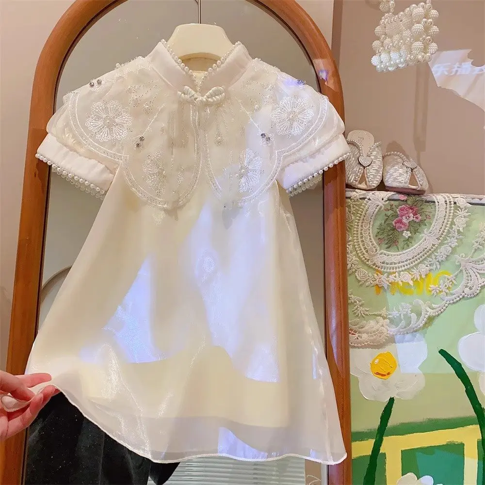 Summer New Chinese Style Elegant White Lace Flower Embroidered Short Sleeve Dress Sweet Girl's Clothes 2-7 Year Old Cheongsam