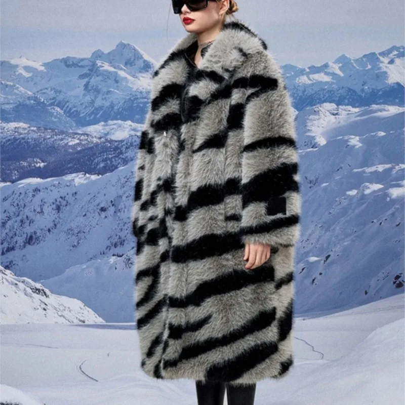 

2025 Winter Vintage Thick Warm Long Faux Fur Coat Women Zebra-stripe Printed Fluffy Jacket Fur Coat Large Size Luxury Overcoat
