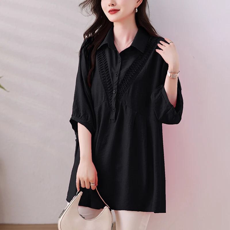 #2835 Black Khaki Rose Red Long Blouse Women Drop Sleeve Loose Turn-down Collar Buttons Office Ladies Tops And Blouses Summer