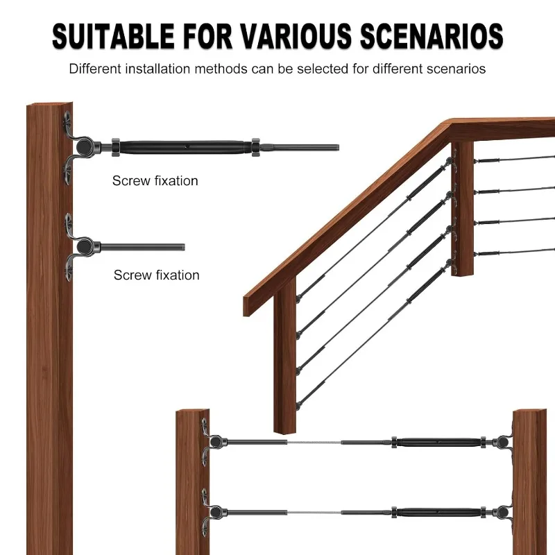 1/8" Cable Railing Hardware, Adjustable Crimp Switch Turnbuckle Tensioner and End Fittings, Wood Post Cable Railing Kit