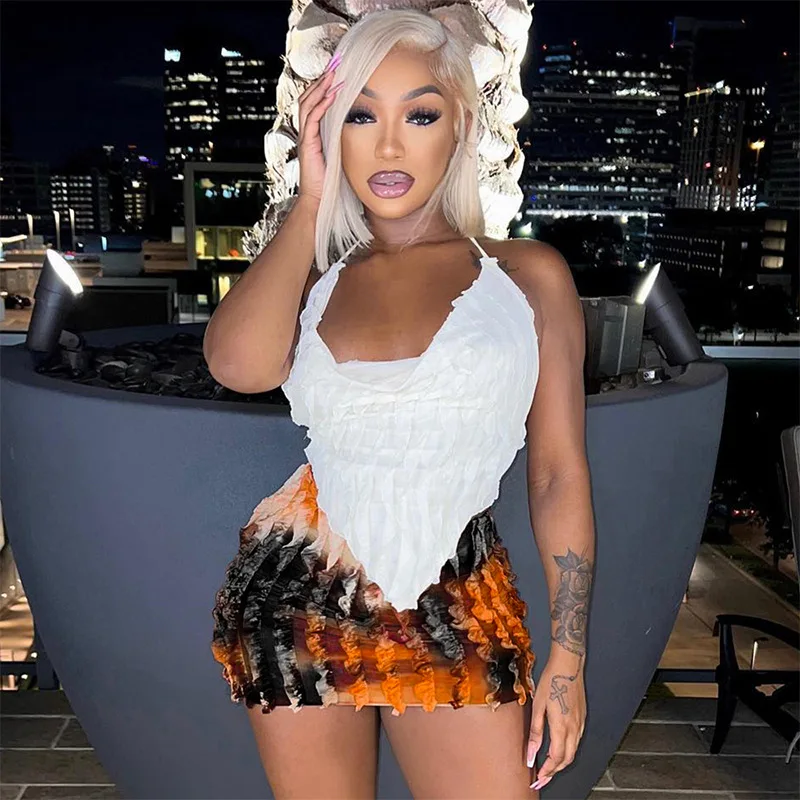 Women Sexy 2 Piece Set See Through Low-Neck Camisole+Hip Skirts Vacation Midnight Clubwear Matching Suit 2024 Weird Puss Ruffles