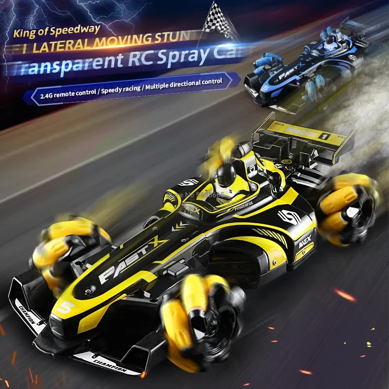 رذاذ قيادة متعدد الاتجاهات F1 للتحكم عن بعد سيارة حيلة 4WD إضاءة موسيقى 360 ° لعبة سباق سيارة سباق قوية الانجراف RC