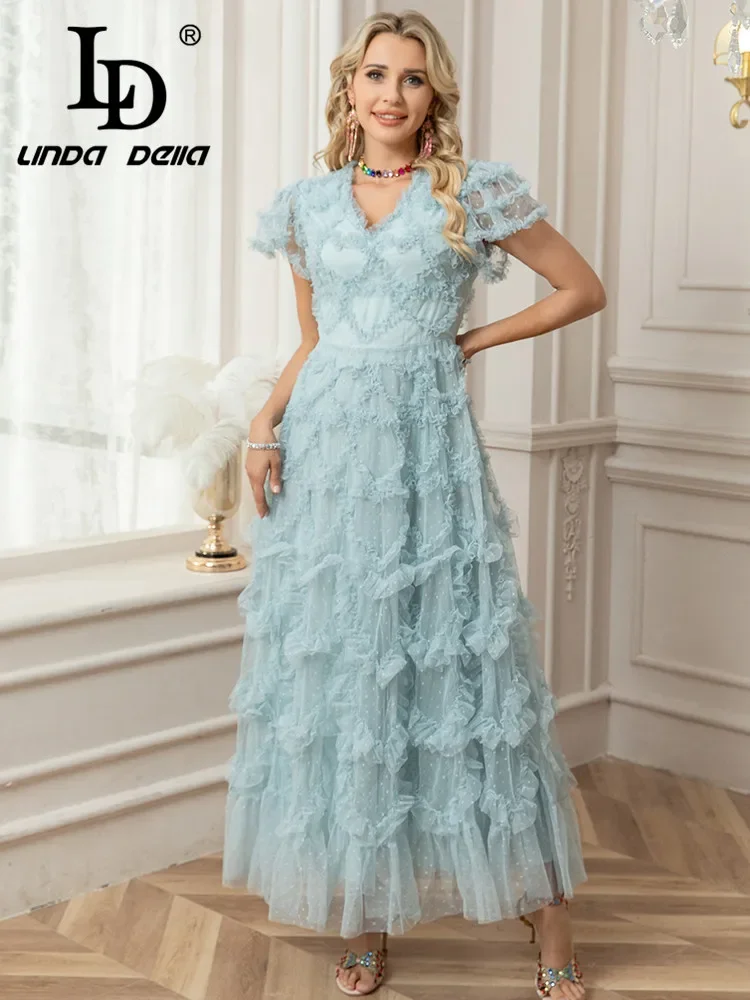 LD LINDA DELLA 2025 Spring/Summer Fashion Design V-neck ruffle edge patchwork short sleeved solid color large swing long dress