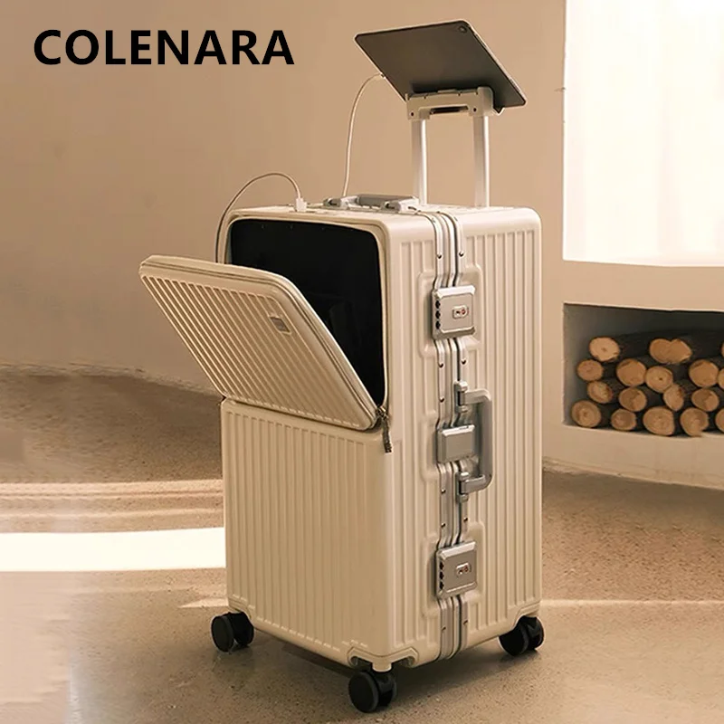 

COLENAR Aluminum Frame Suitcase Front Opening Boarding Case USB Charging Multi-function Trolley Case 26"28"30 Inch Luggage