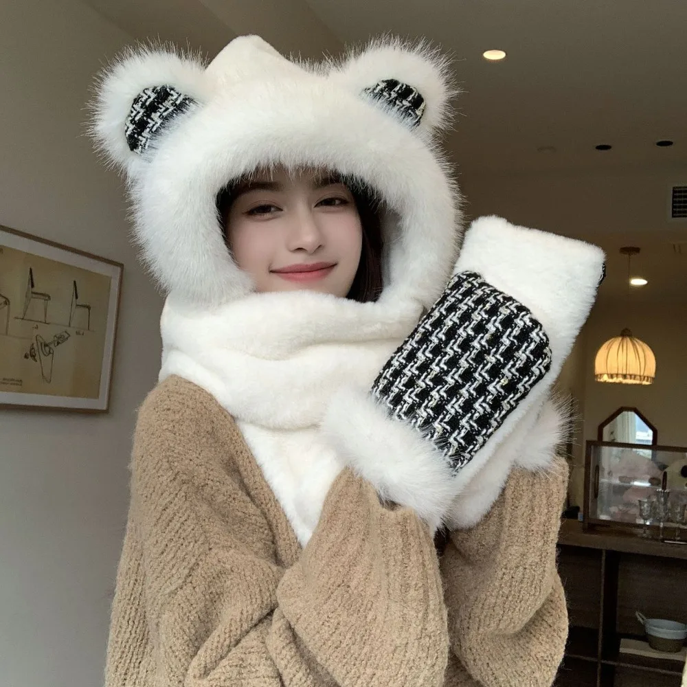 New Thickened Plush Hat Scarf Gloves Set Cute Rabbit Ear Ram's Horn Ear Protection Cap Winter Warm Integrated Cap Scarf Cycling