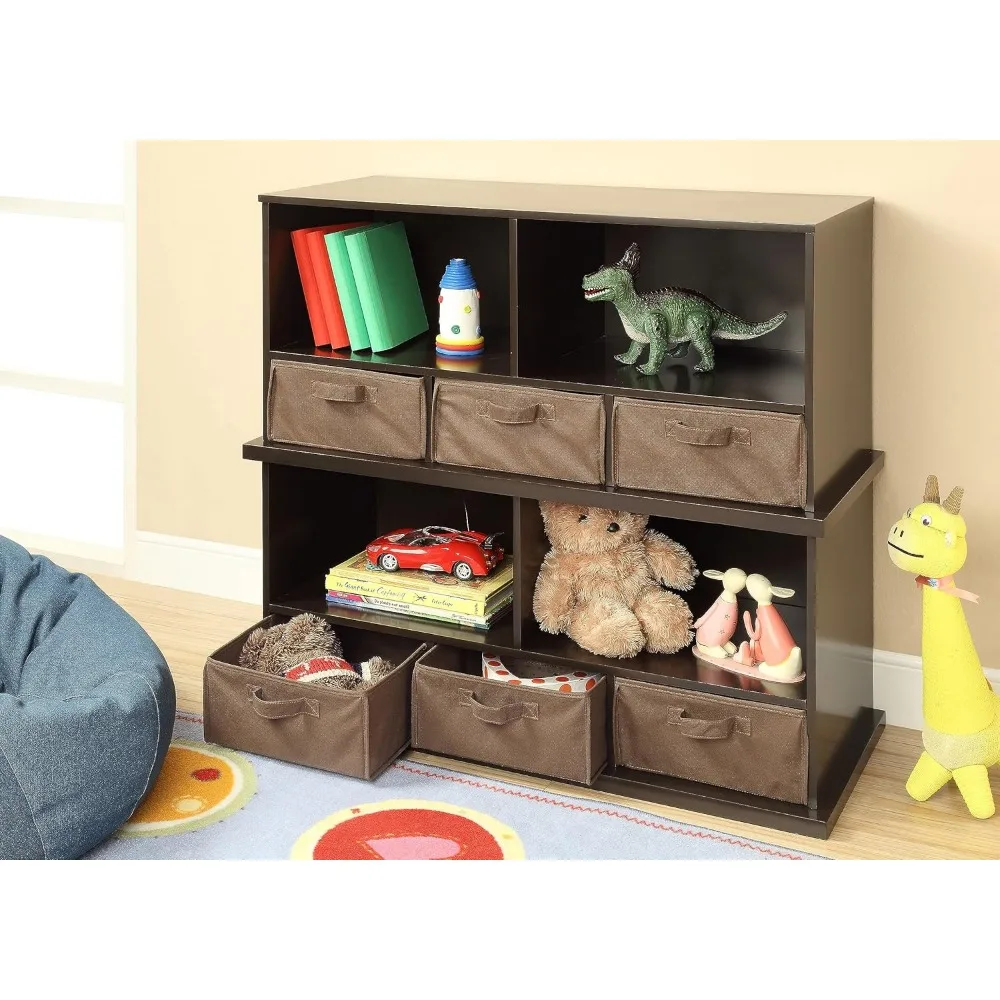 Stackable Toy Organizer with 5 Shelves and 3 Removable Fabric Bins, Expandable Design for Toys and Crafts - Espresso