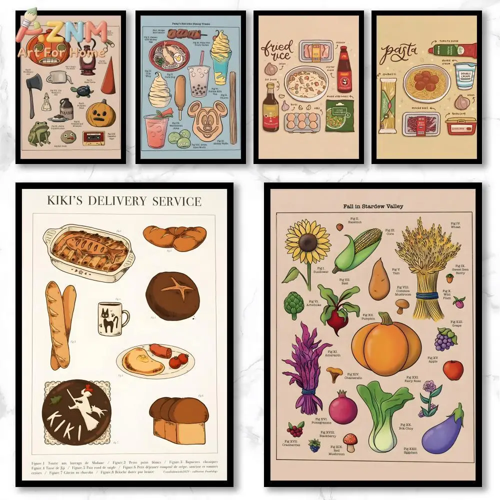 AZNM Impresiones de arte de pared en lienzo con temática de anime, juegos, comida y vegetales, Ilustración de Kiki Delivery y Stardew Valley, Pasta y Arroz Frito, Decoración de cocina P