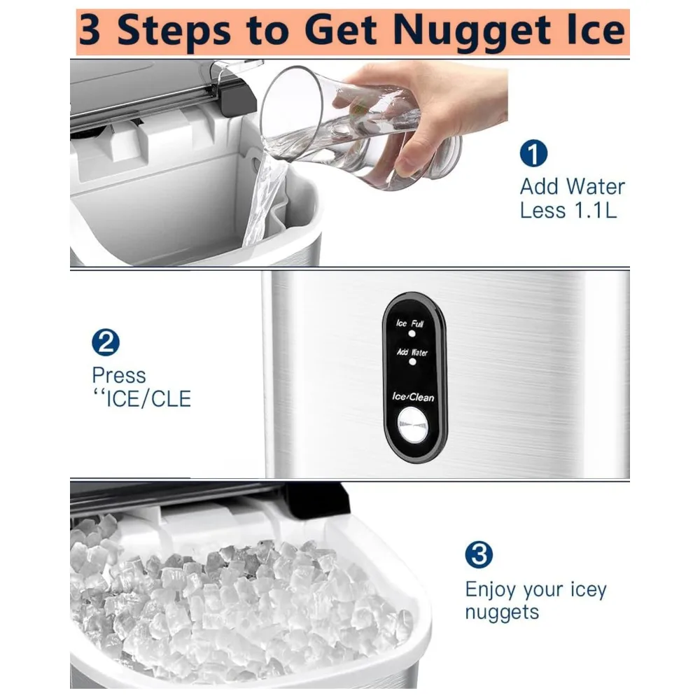 Ice maker countertop, 45 pounds per day, 3.3 pounds per basket within 1.5 hours, gold nugget ice maker with 24-hour timer