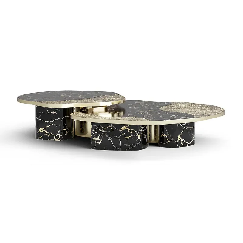 Light luxury high-end stainless steel coffee table, living room home designer high-end villa marble special-shaped coffee table
