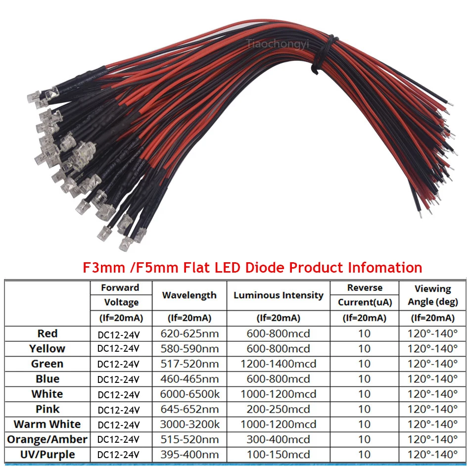 3mm 5mm 2pin LED Flat Top Round Pre-wired DC12-24V Water Clear LED light-emitting diode Red Green blue white with Plastic Holder