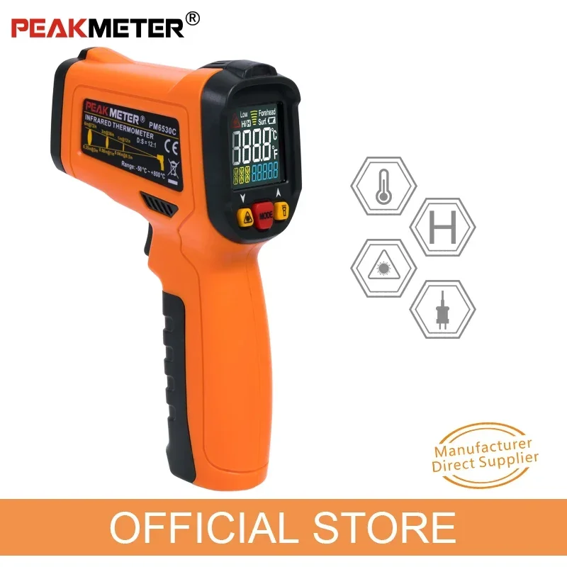 PM6530C PEAKMETER LCD Laser Digital Infrared Thermometer Temperature gun for -50~800℃ featuring K type ambient and bathtub