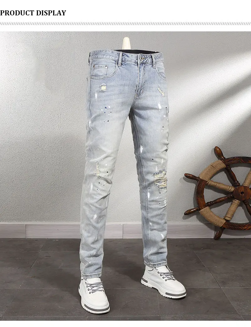 Men's Jeans Light‑Wash Light Blue Stretch Skinny Jeans Scratch Splash Paint Hip Hop Casual Denim JeansY2K