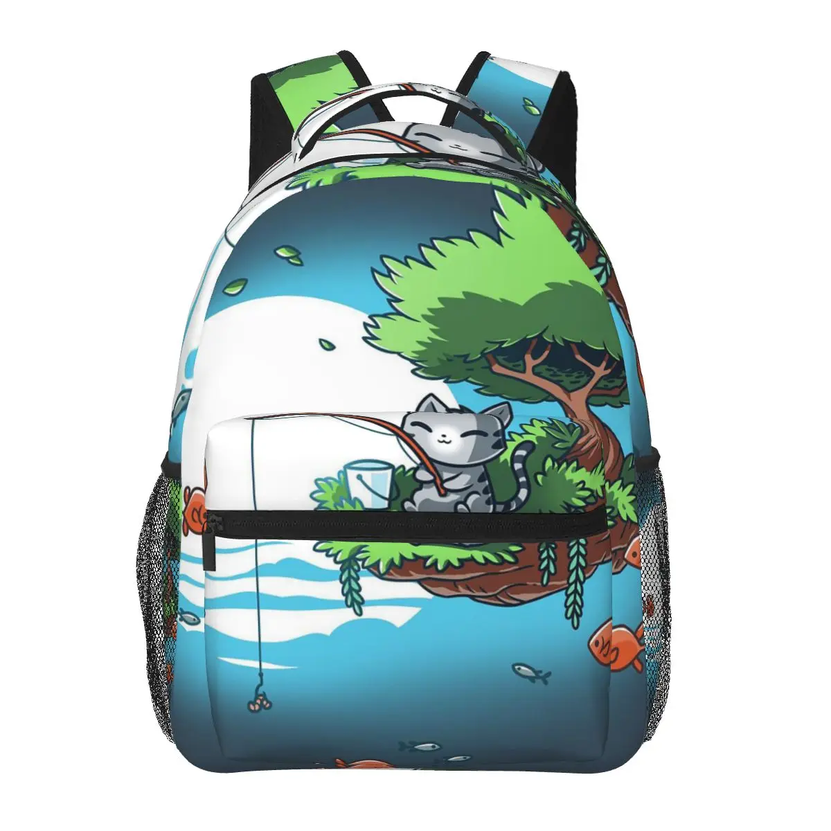 

Cartoon Small Cat Fishing Pattern Student Backpack School Bag Hiking Travel Daypack for Boys Girls Fashion Bookbag Shoulder Bags