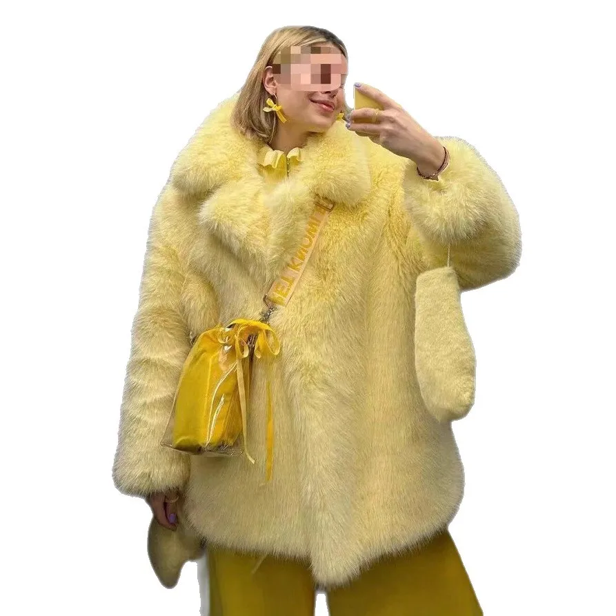 Damskie płaszcze z futra lisa, długi rękaw, grube, ciepłe kurtki, kołnierz, luźny krój, streetwear, łączony, elegancki płaszcz, jesień-zima