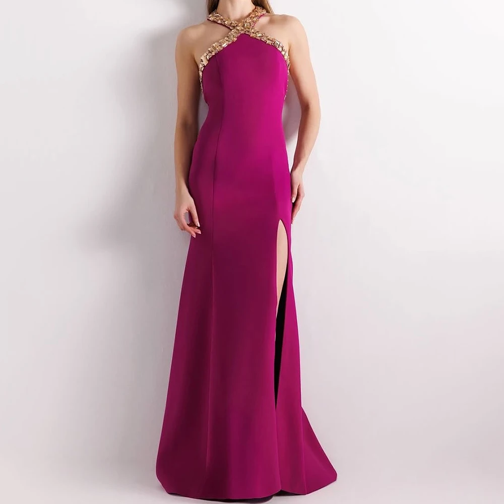 맞춤형 인어 저녁 드레스 바닥 길이 브이넥 민소매 프로무 드레스 패션 크리스탈 사이드 슬릿 심플 드레이프 파티 드레스