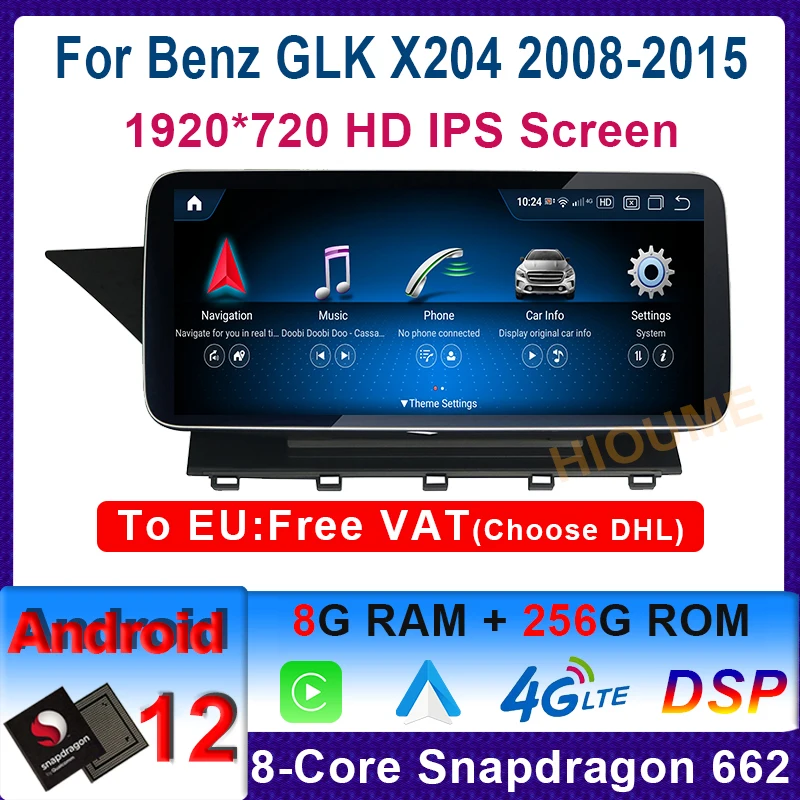 

GPS Radio 10.25" 12.5"Android 12 Snapdragon 8 Core 256G Car Multimedia Player Stereo For Mercedes Benz GLK Class X204 2008-2015