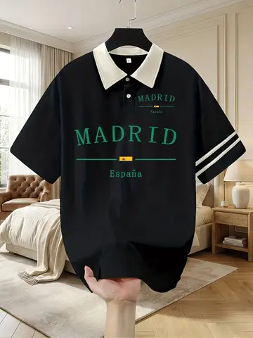 European and American Men's New Summer MADRID Letter Printed Soft and Breathable Polo Short Sleeved T-Shirt Outdoor Casual Top