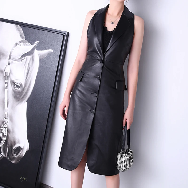 100% Sheepskin Dress Chic Women's Sleeveless Turn-down Collar Single breasted Deep V Ladies Bodycon Skinny Real Leather Dress