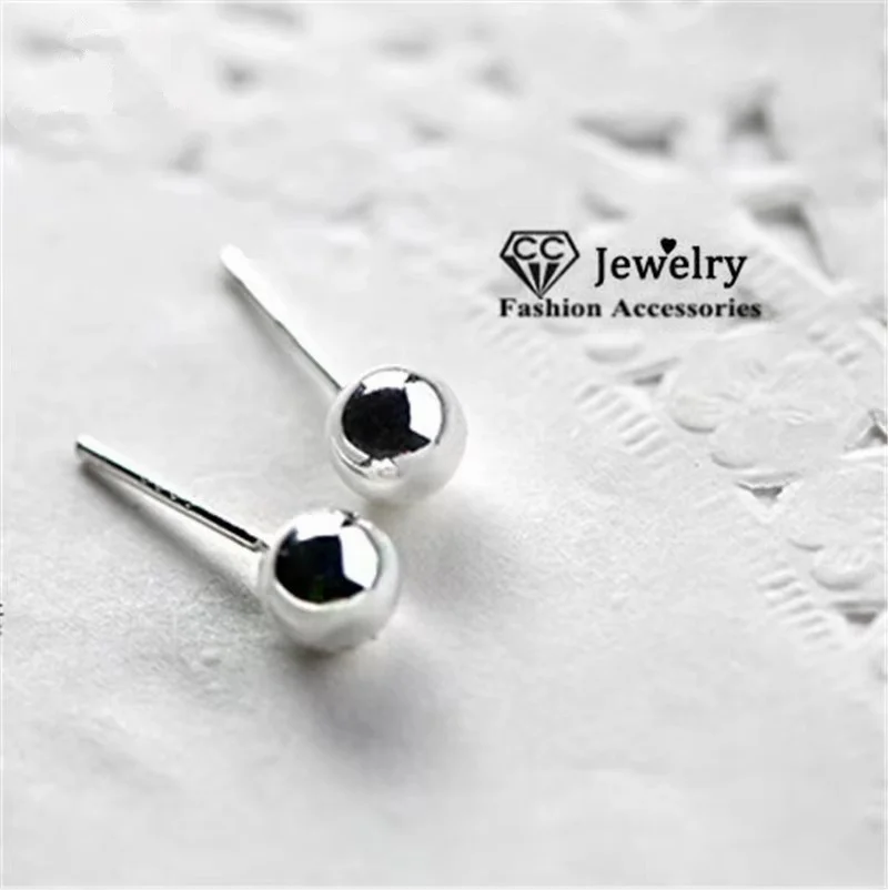 Stud Earrings For Women Solid Silver Color 3mm-4mm Glossy Handmade Small Round Beads Ear Stick Brincos Drop Shipping CCE662