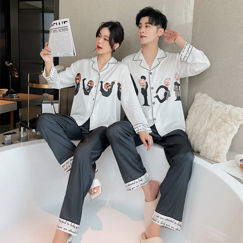 2021 Couples family pajamas women long sleeve open button sleepwear  ice silk suit  Men silk Pajamas