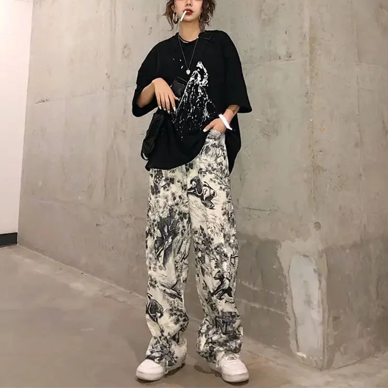 Hara j u-style personalized printed loose straight-leg pants wide-leg pants style street style loose print loose dark style