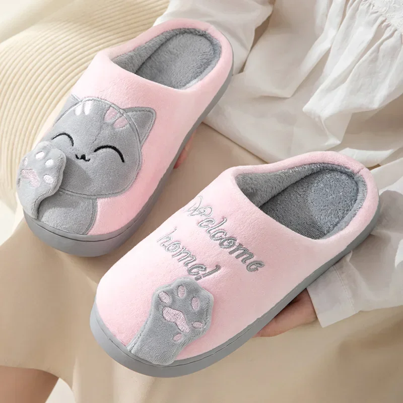 Women Winter Warm Slippers Cartoon Cat Shoes Furry Plush Slides Round Toe Flats Indoor Home Bedroom Floor Slippers Ladies Shoes