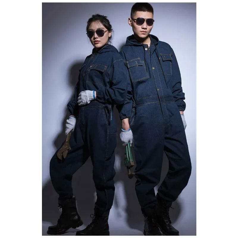 

Jumpsuit Denim Cotton Thick Working Suits Winter Men Women Welding Overalls Auto Repair Coverallls Welder Suit Oficina Mecanica