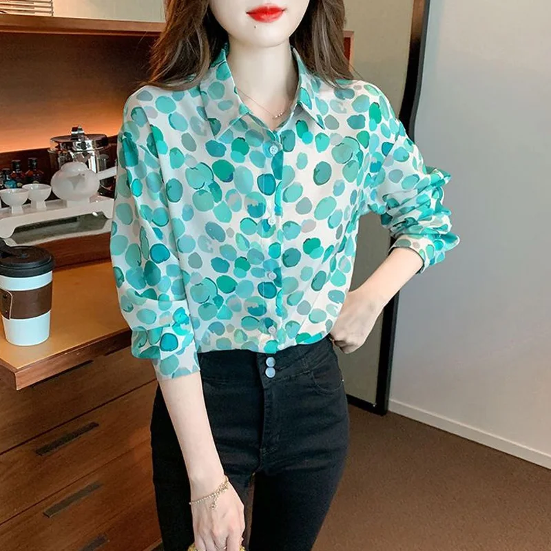 2023 New Spring and Summer Commuter Simple Printed Polo Collar Button Long Sleeve Cardigan Loose Casual Versatile Women\'s Shirt