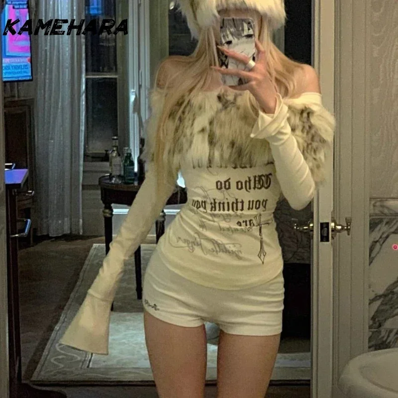 KAMEHARA American Hairy Collar One Shoulder Long Sleeved T-shirt Hot Girl Pure Desire Off Shoulder Design Letter Tight Short Top