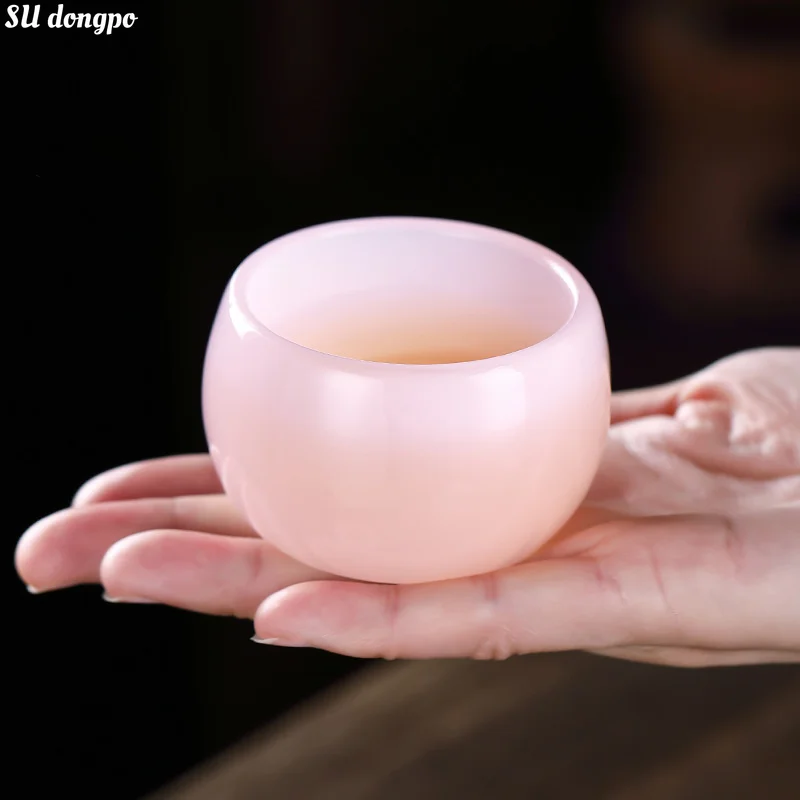 

Sakura Pink Lotus Jade Porcelain TeaCup Azure Glass Kungfu Tea Set Simple Style Tea Bowl Zhijue Cup