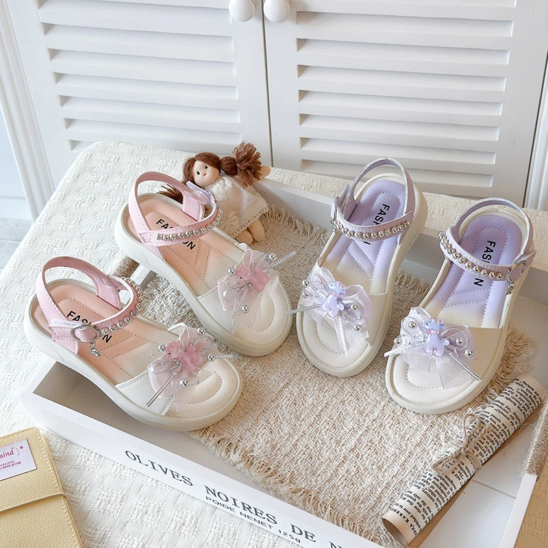 Kids Beach Shoes Sweet Lace Bows Girls Sandals Soft Bottom Versatile 2026 Summer New Children Casual Sandals Fashion Non-slip