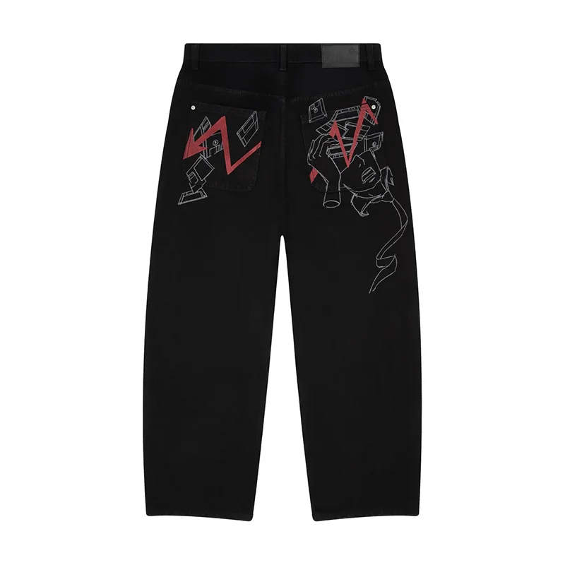 Y2K جينز هيب هوب فضفاض خط تجريدي أحمر البرق جرافيك شارع العليا مستقيم الساق جينز موضة الرجال النساء ملابس الشارع الشهير غير رسمية