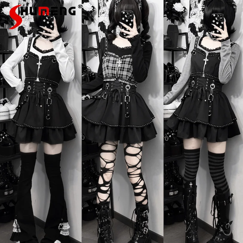 

Original Japanese Subculture Y2K Gothic Skirt Set New Spring Summer Dark Sweet Cool Girl Top Vest Skirt Lolita Outfit Women