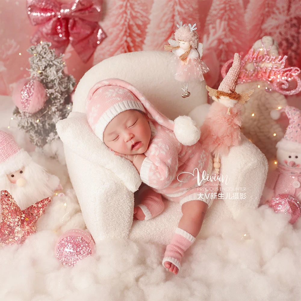 Set Alat Peraga Fotografi Bayi Baru Lahir Natal Merah Muda Kostum Bayi Rajutan Boneka Santa Alat Peraga Dekorasi Pohon Natal untuk Pemotretan Studio Foto Bayi