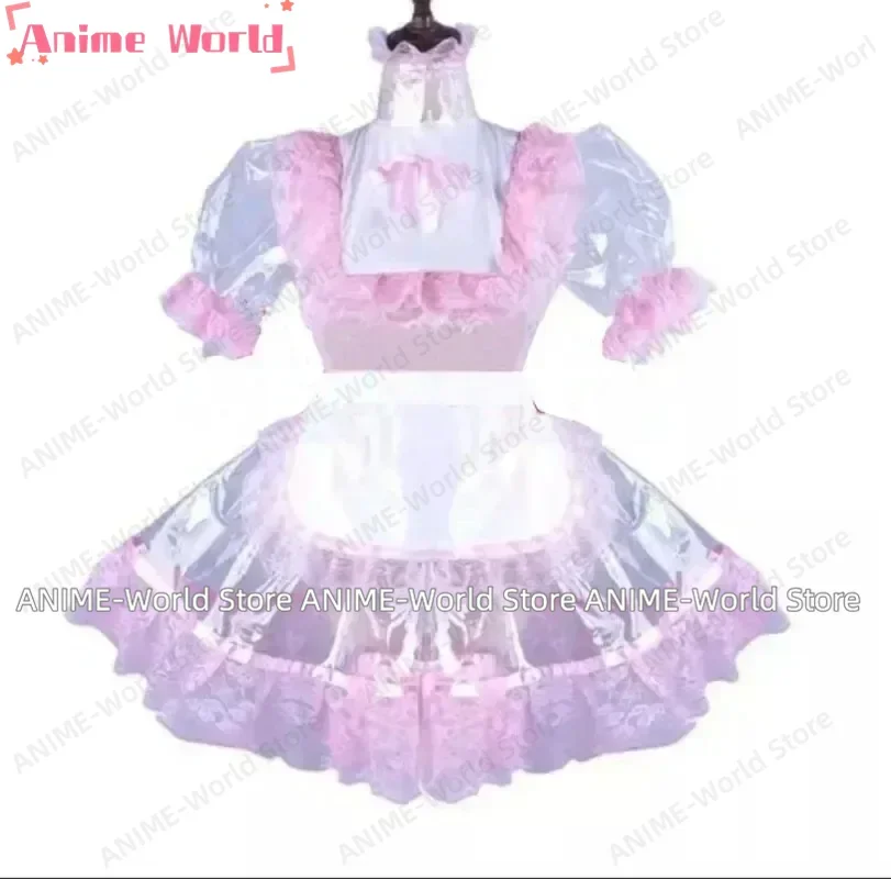《Tamaño personalizado》Sexy Sissy Pink PVC vestido bloqueable linda chica sirvienta francesa Cosplay adulto personalizado carnaval disfraces festivos Halloween
