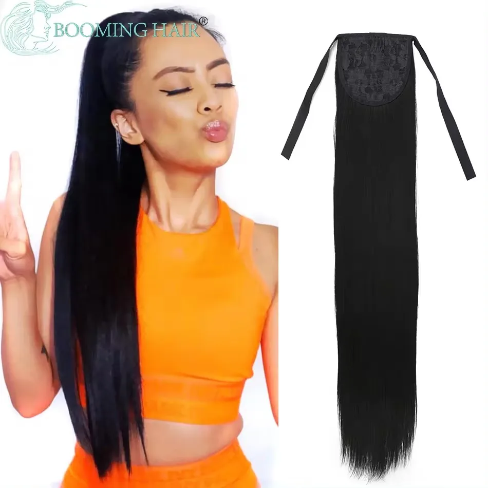 

Straight Long Ponytail Synthetic Extensions Heat Resistant Pony Tail 32Inch Clip In Hair Natural Hairpiece For Women Headwear