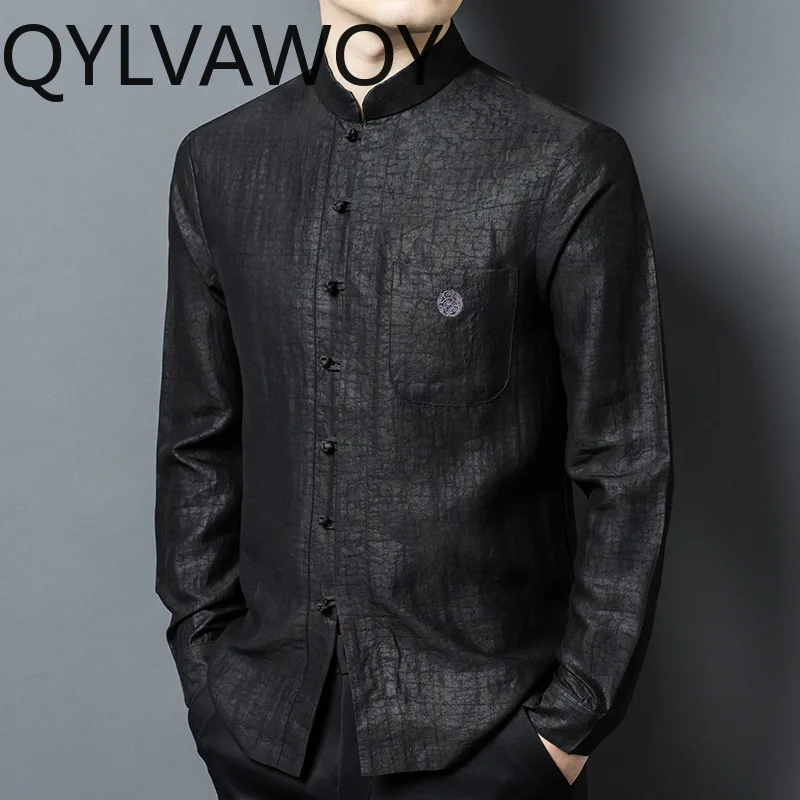 QYLVAWOY 100% Natural Mulberry Silk Men's Shirts New Spring Tops Long Sleeves Shirts Stand Collar Chinese Shirts for Men Vintage